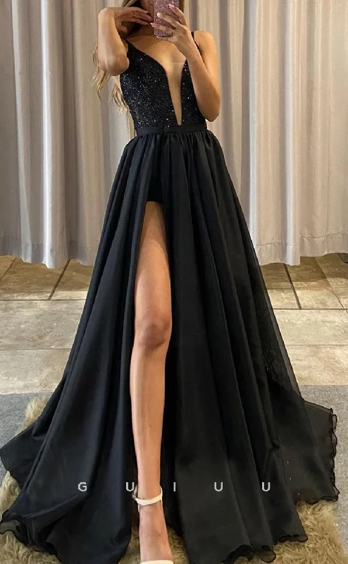 G2825 - A-Line Glitter V-Neck Two Piece Tulle Black Long Prom Evening Dress Tulle Dress Shine