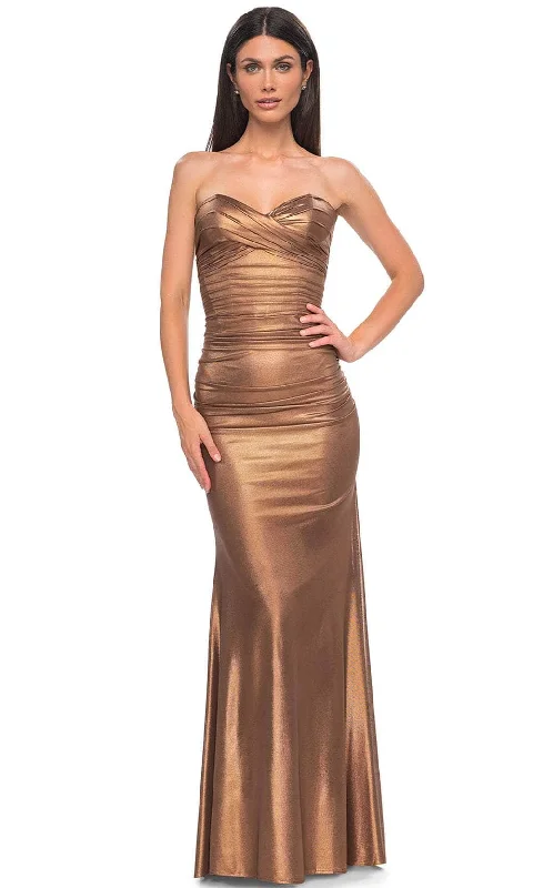 La Femme 33007 - Ruched Ornate Strapless Prom Gown