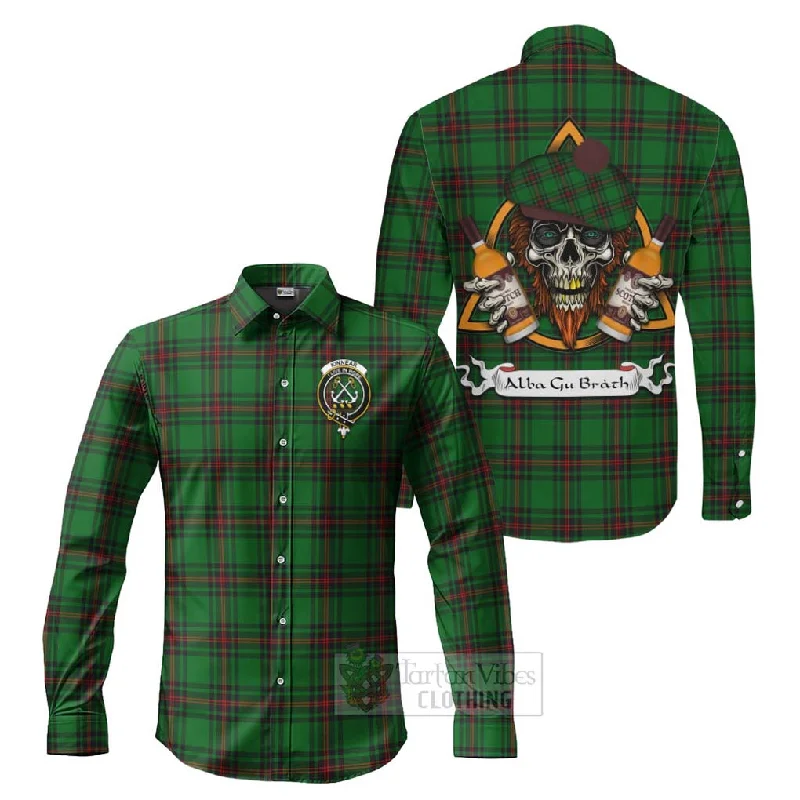Kinnear Tartan Long Sleeve Button Shirt with Family Crest and Bearded Skull Holding Bottles of Whiskey Kinnear Tartan Long Sleeve Button Shirt with Family Crest and Bearded Skull Holding Bottles of Whiskey