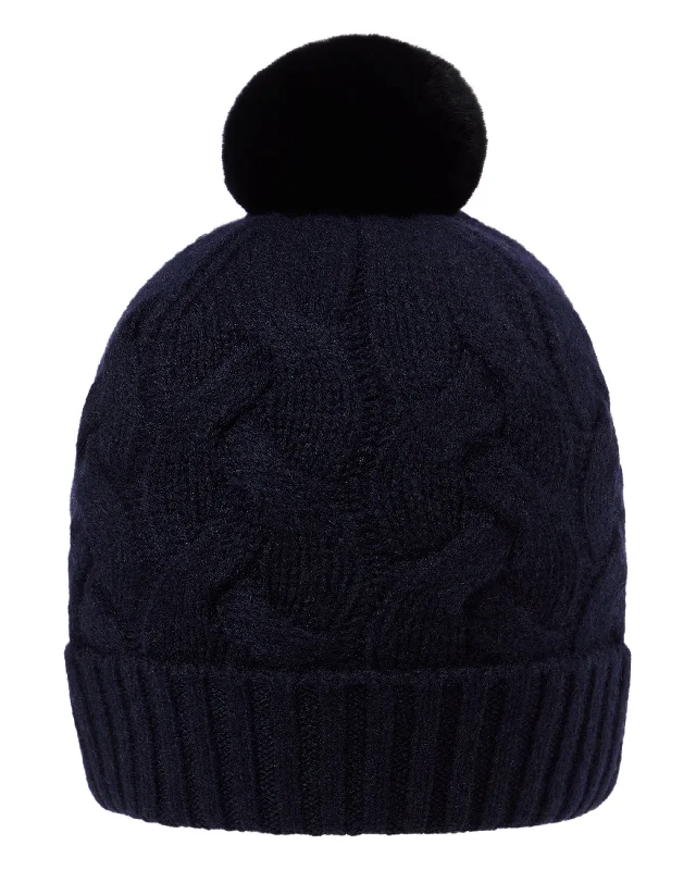 Women's Cable Fur Pom Hat Navy Blue