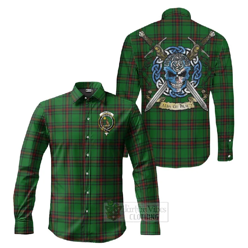 Kinloch Tartan Long Sleeve Button Shirt with Family Crest Celtic Skull Style