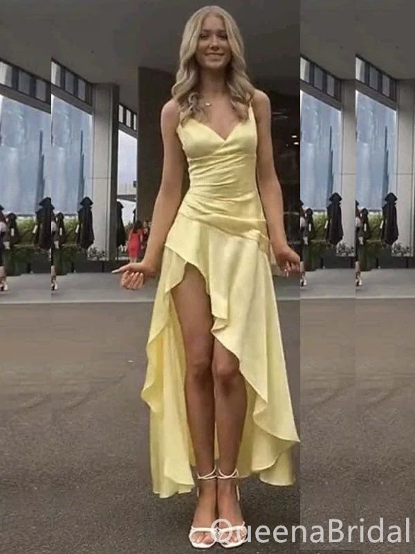 Elegant Light Yellow A-line V-neck Spaghetti Straps Asymmetrical Evening Gown Maxi Long Formal Dresses Prom Dresses ,WGP878 Elegant Light Yellow A-line V-neck Spaghetti Straps Asymmetrical Evening Gown Maxi Long Formal Dresses Prom Dresses ,WGP878