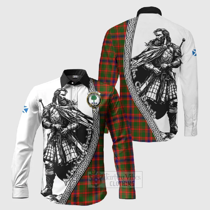 Kinninmont Tartan Clan Crest Long Sleeve Button Shirt with Highlander Warrior Celtic Style