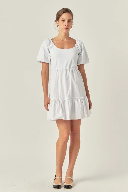 Mixed Media Puff Sleeve Back Bow Dress Satin mini dresses