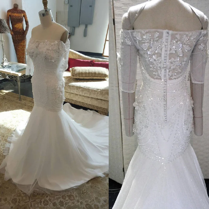 Gorgeous Beaded Long Sleeves Mermaid Straight Neck Long Bridal Wedding Dress Gown, WG637 Satin Bridal Gown