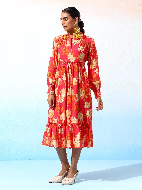 Amber Pink Floral Printed  A-Line Midi Dress Minimalist midi dresses