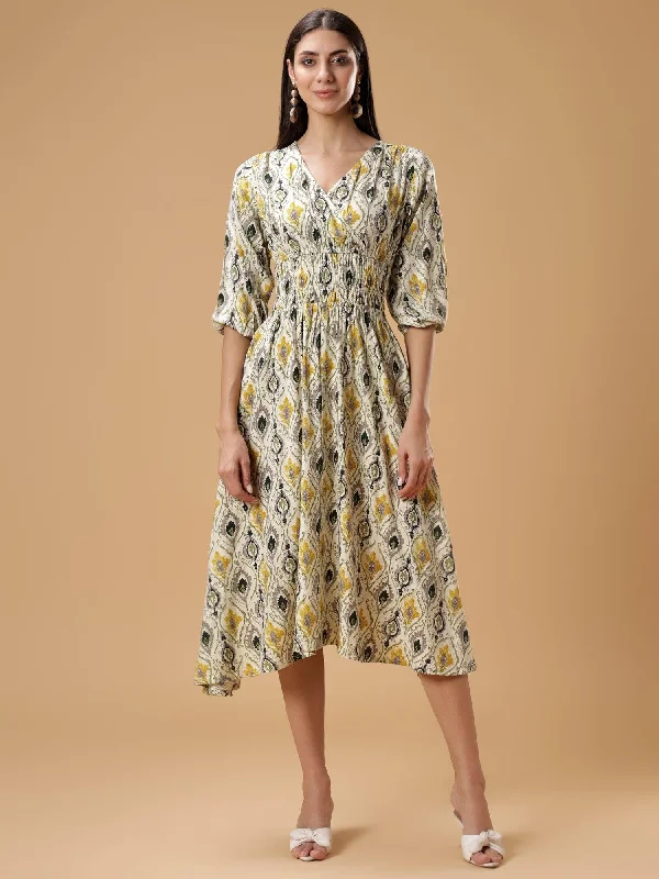 Ethnic Motifs Print Puff Sleeves Smocked Liva Fit & Flare Midi Dress Zara midi dresses