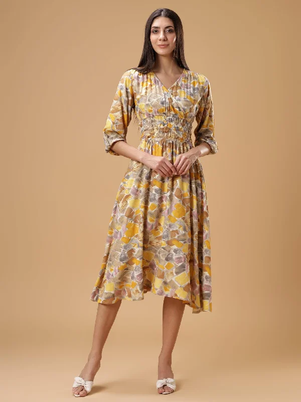 Floral Print Puff Sleeves Smocked Liva Fit & Flare Midi Dress Wrap midi dresses