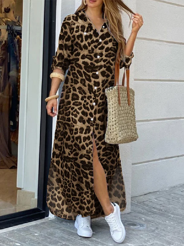 Leopard Print Lapel Long Sleeve Pockets Shirt Women Maxi Dress Velvet maxi dresses