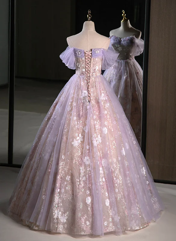 Light Purple A-line Tulle with Floral Long Prom Dress, Light Purple Evening Dress Party Dress Best floral dresses for petites