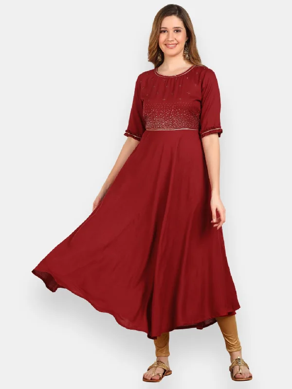 Embellished Flared Solid Kurta - Maroon Long unclassified dresses