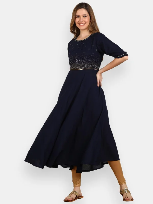 Embellished Flared Solid Kurta - Navy Blue Minimalist unclassified dresses