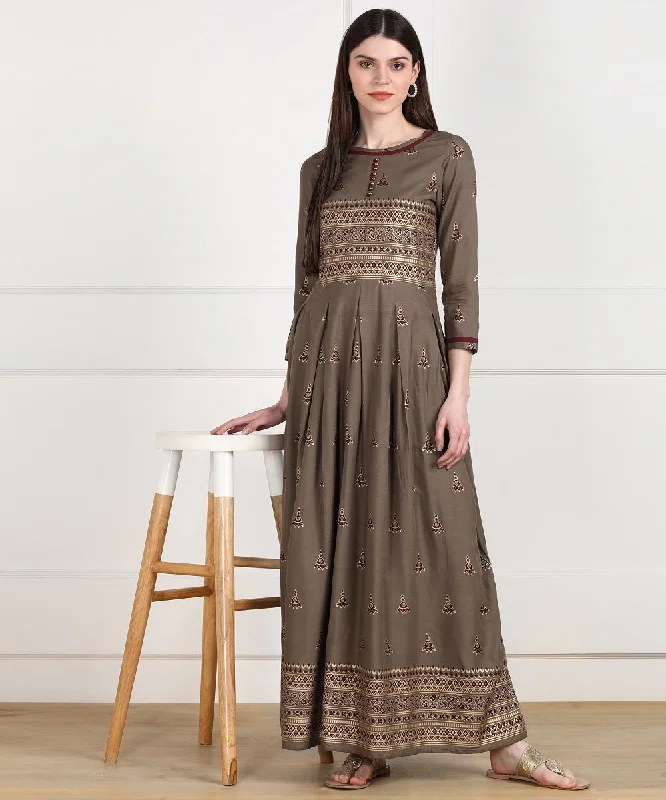 Rayon Ethnic Pleted Floor Length Dress - Grey Color block unclassified dresses