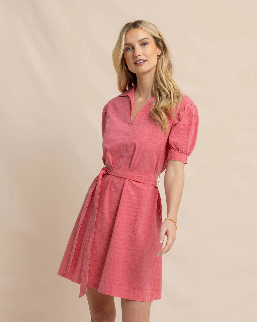 Southern Tide Calan Washed Seersucker Dress - Camelia Rose Pink Tiered unclassified dresses