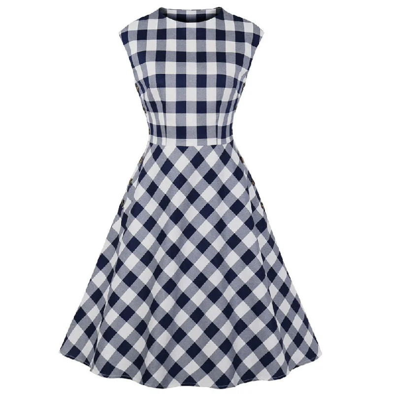 1950s Plaid Sleeveless Cotton Button Robe Pin Up Swing Retro Vintage Dresses Smocked unclassified dresses