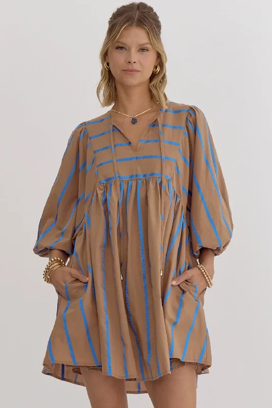 Mocha/Blue Stripe Babydoll Dress Satin unclassified dresses