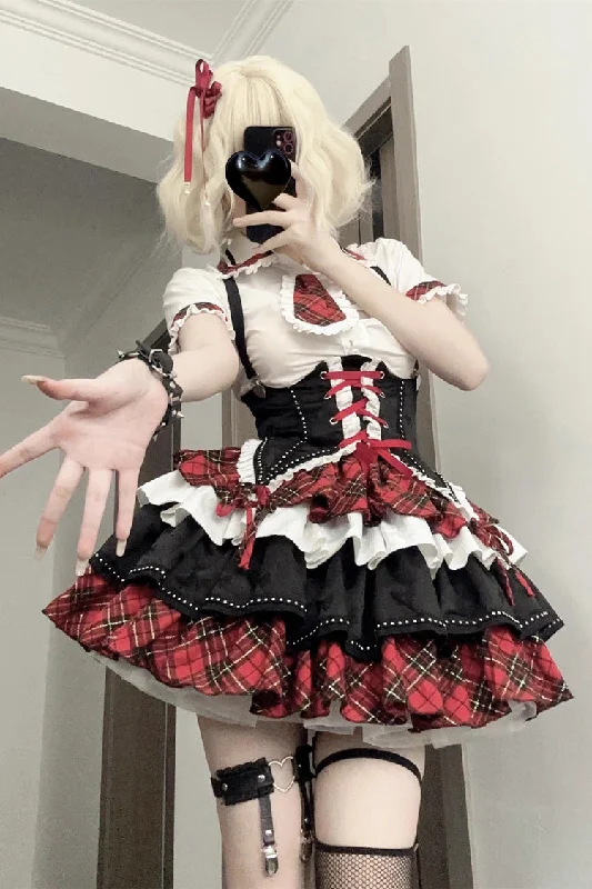 Red/White/Black Multi-layer Ruffle Opera Rock Girl Gothic Lolita Strap Dress Stretchy unclassified dresses