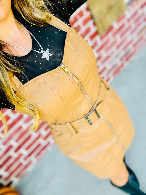 Camel Something Fierce Faux Leather Fall Overall Dress Beaded unclassified dresses