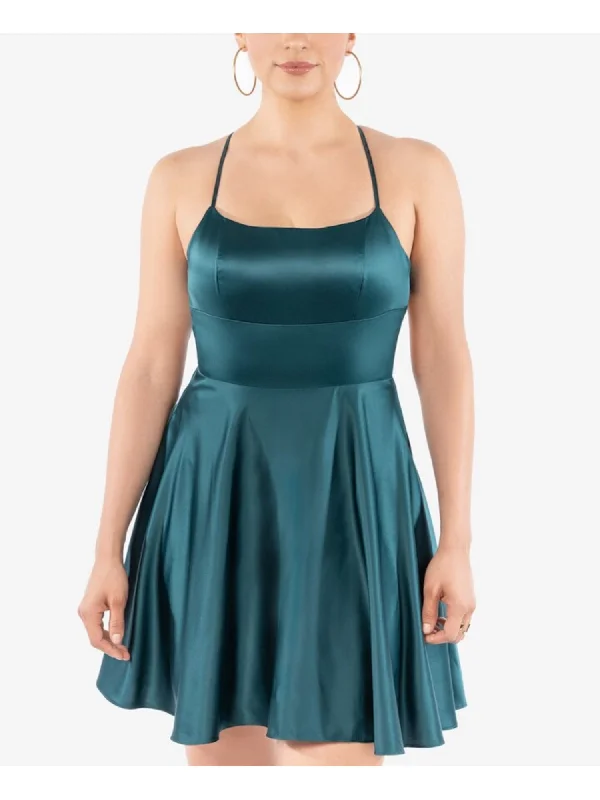 B DARLIN Womens Teal Zippered Fitted Lace-up Back Molded Cups Spaghetti Strap Square Neck Short Party Fit + Flare Dress Pink Lace Dress