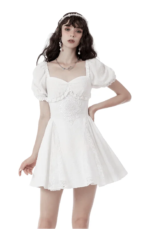 Elegant White Dress with Lace Detail and Puff Sleeves Tiered Lace Gown