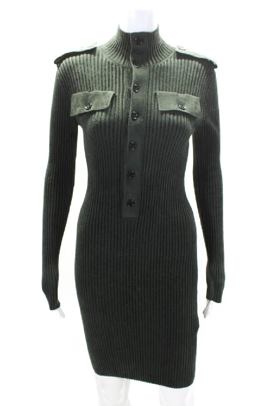 Bottega Veneta Womens Long Sleeve Ribbed Knit Sweater Dress Green Oversized Sweater Dress
