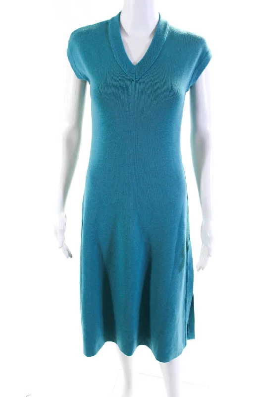 Cedric Charlier Womens 100% Wool V Neck Short Sleeved Sweater Dress Blue V-neck Sweater Dress