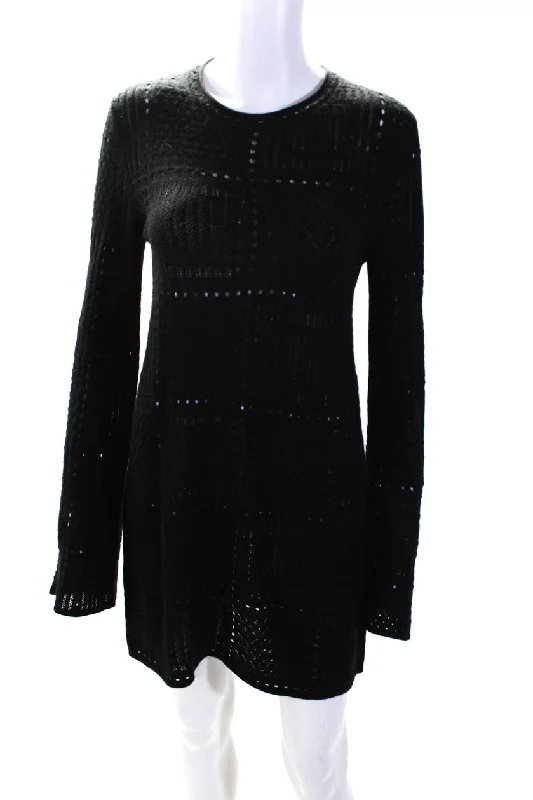 Chloe Womens Black Wool Open Knit Crew Neck Long Sleeve Sweater Dress Sweater Dress Glam