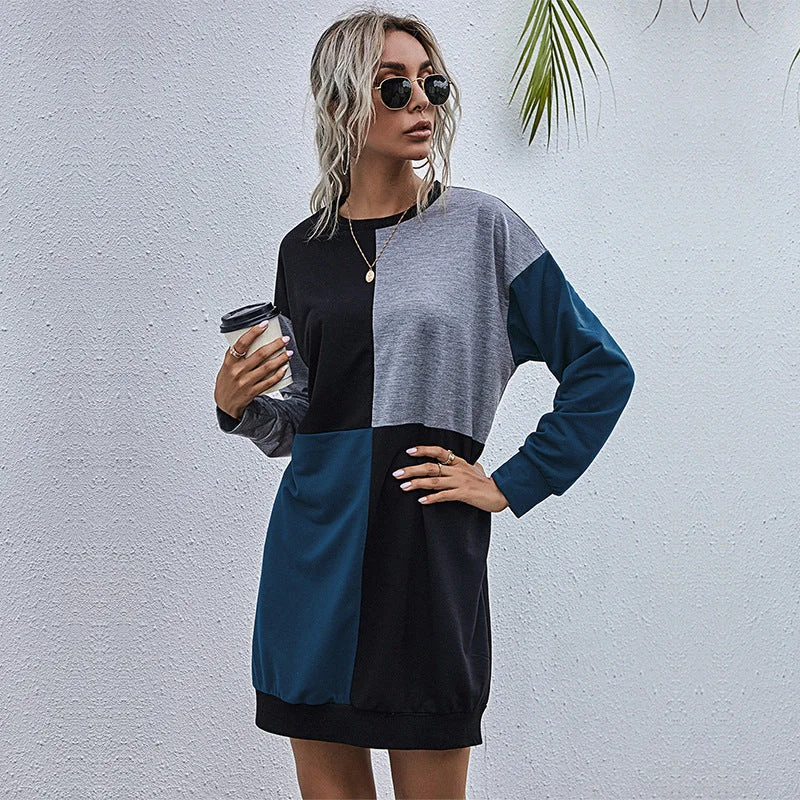 Long Sleeve Contrast Stitching Round Neck Sweater Dress Soft Sweater Dress