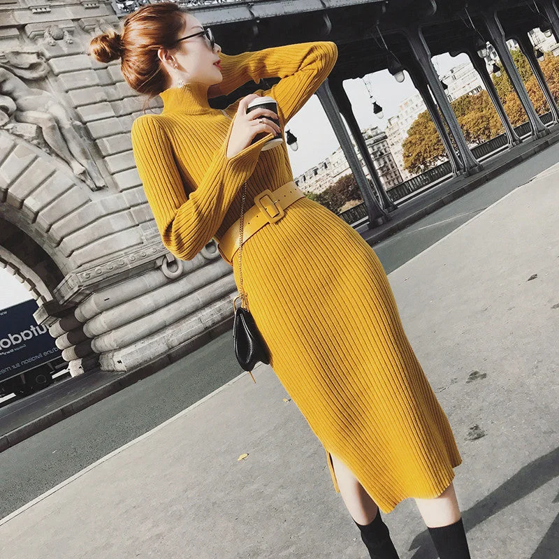 Medium And Long Knitted Slim Bottomed Sweater Dress (free belt) Warm Knit Sweater