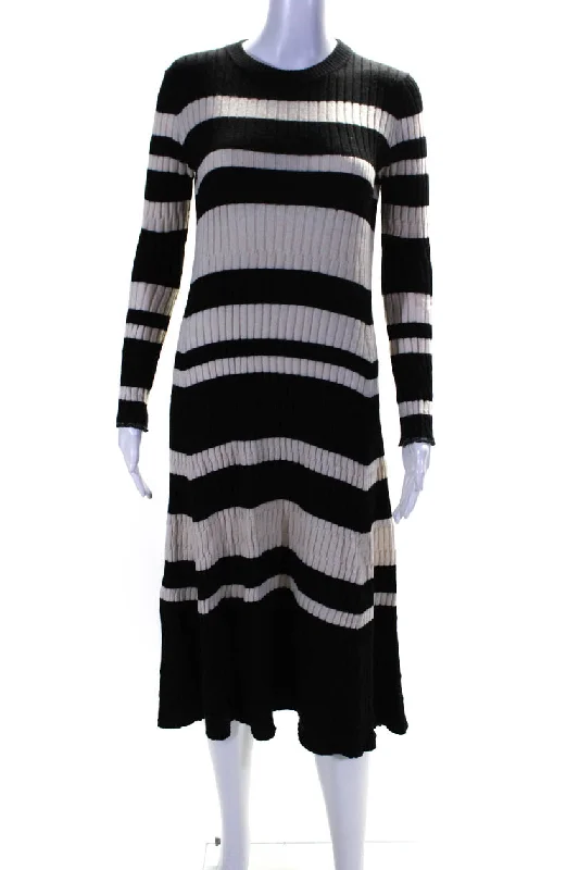 Proenza Schouler Womens Striped Print Knitted Ribbed Sweater Dress Black Cozy Knit Gown