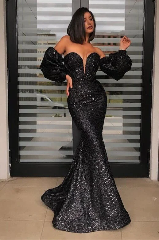 Black Sweetheart Sequins Mermaid Long Prom Dress with Detachable Sleeves,DP843 Sequin Maxi Dress