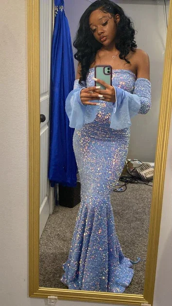 Blue Mermaid Strapless Sequins African Long Prom Dresses,DP886 Party Wear Sequin
