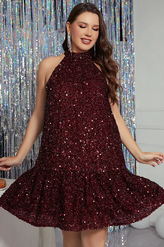 Burgundy Sequins Halter Homecoming Dress Formal Sequin Gown