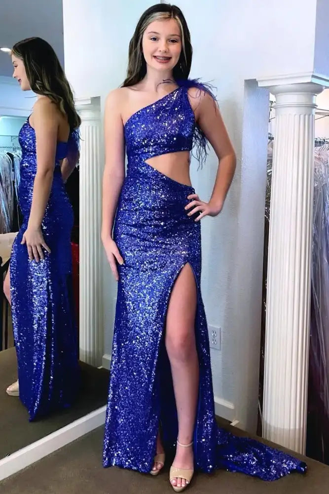 Fully Sequins One Shoulder Feathers Illusion Empire Prom Dress Sleek Sequin Dress