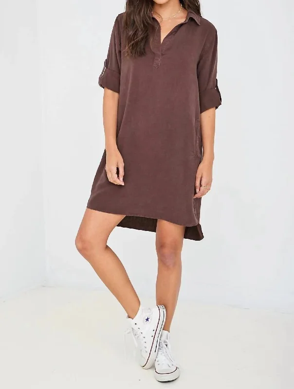 Long Sleeve A-Line Shirt Dress In Coffee Bean Day Shirt Dress