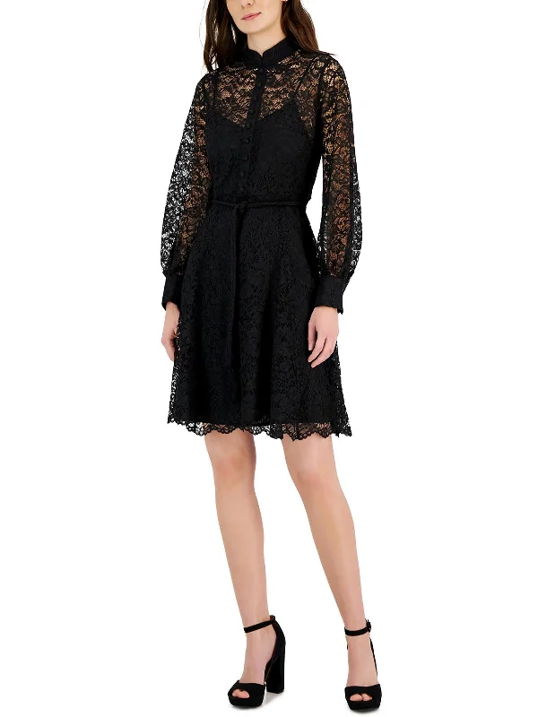 Womens Lace Embellishment Shirtdress Shirt Dress Chic