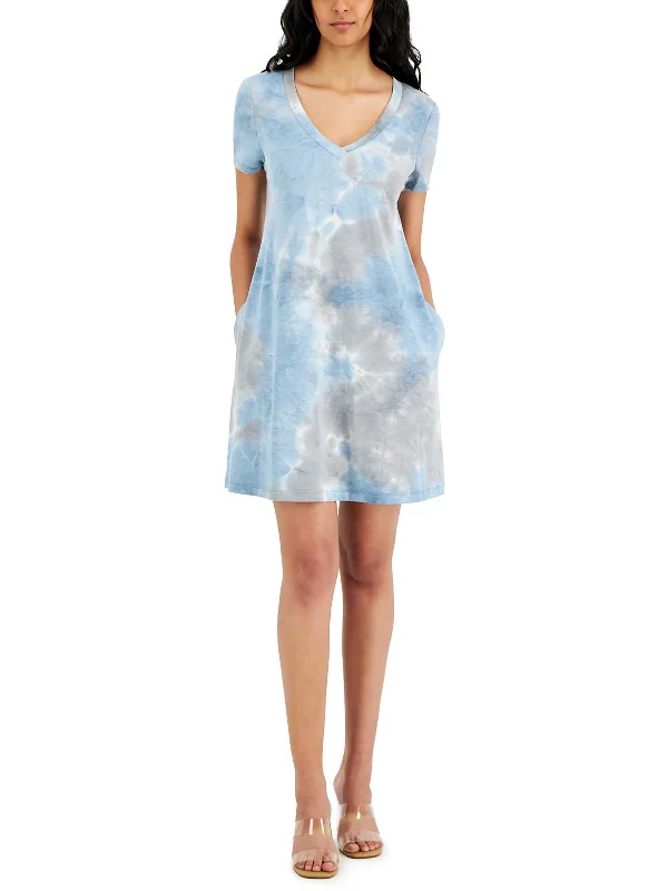 Womens Tie-Dye V Neck T-Shirt Dress Button Detail Shirt